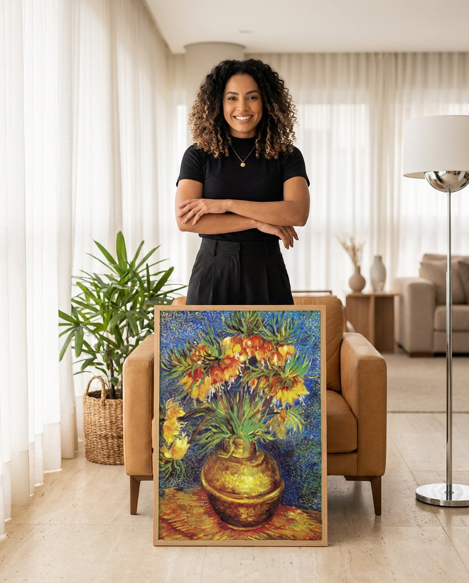 Quadro Decorativo Fritillarias Imperiais - Van Gogh | modelo apresentando o quadro emoldurado