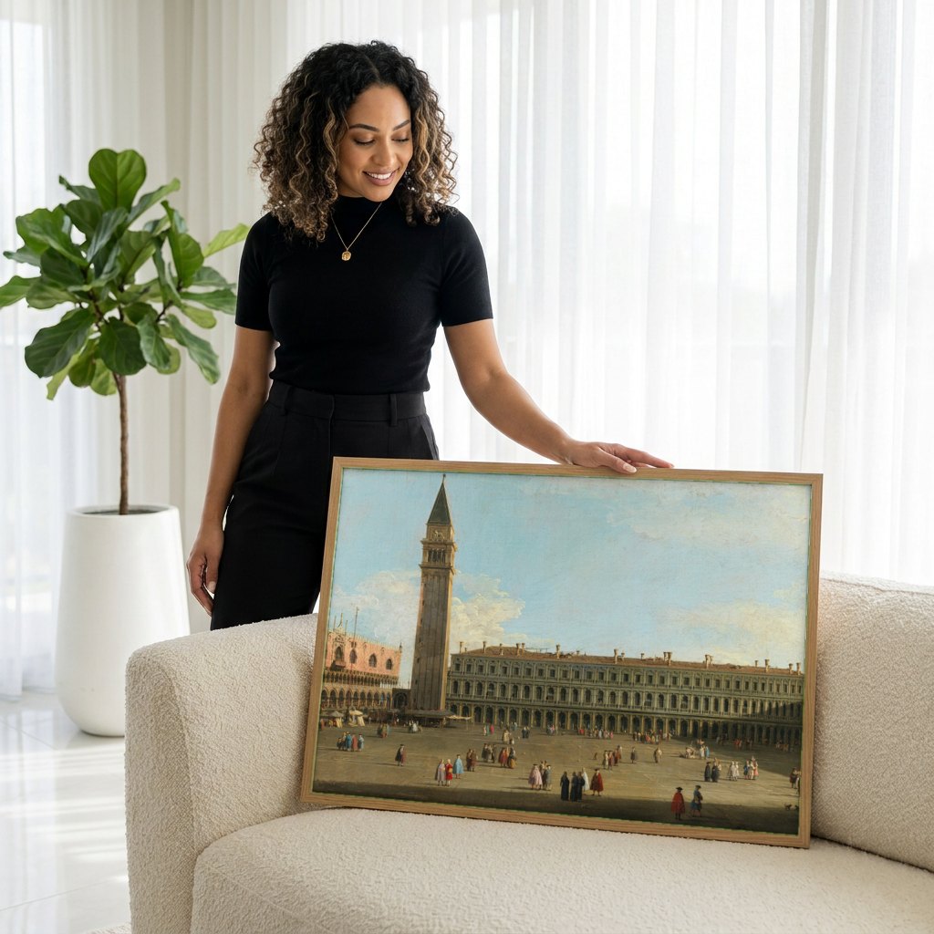 Quadro Decorativo A Praça de São Marcos - Canaletto | modelo apresentando o quadro emoldurado