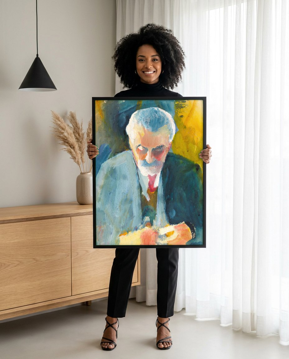 Quadro Decorativo Retrato de Homem - August Macke | modelo apresentando o quadro emoldurado