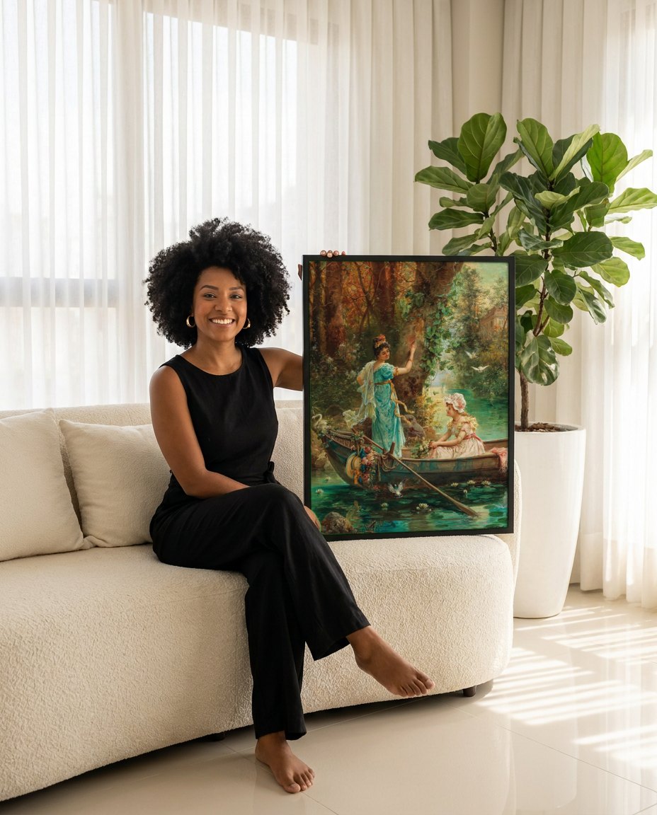 Quadro Decorativo A Oferta de Amor - Hans Zatzka | modelo apresentando o quadro emoldurado