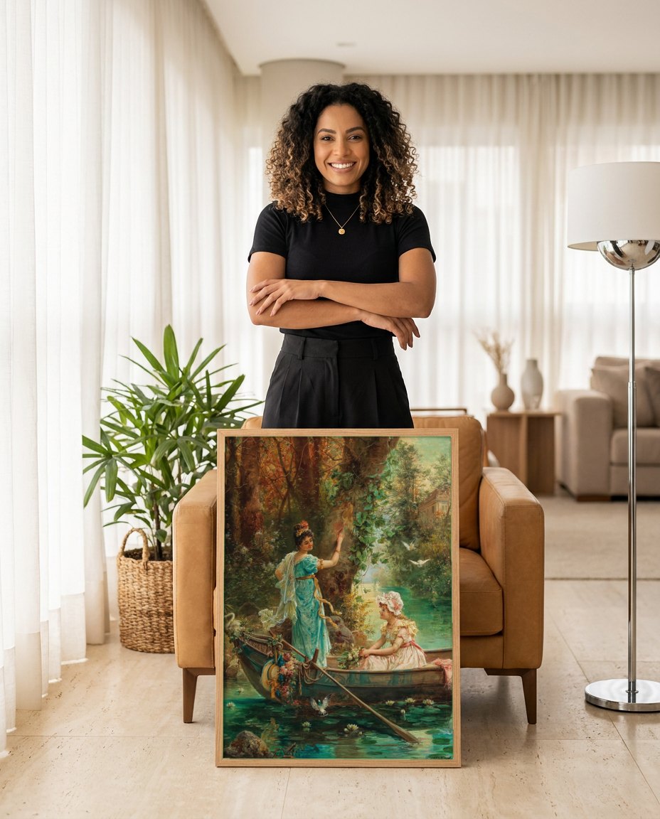 Quadro Decorativo A Oferta de Amor - Hans Zatzka | modelo apresentando o quadro emoldurado