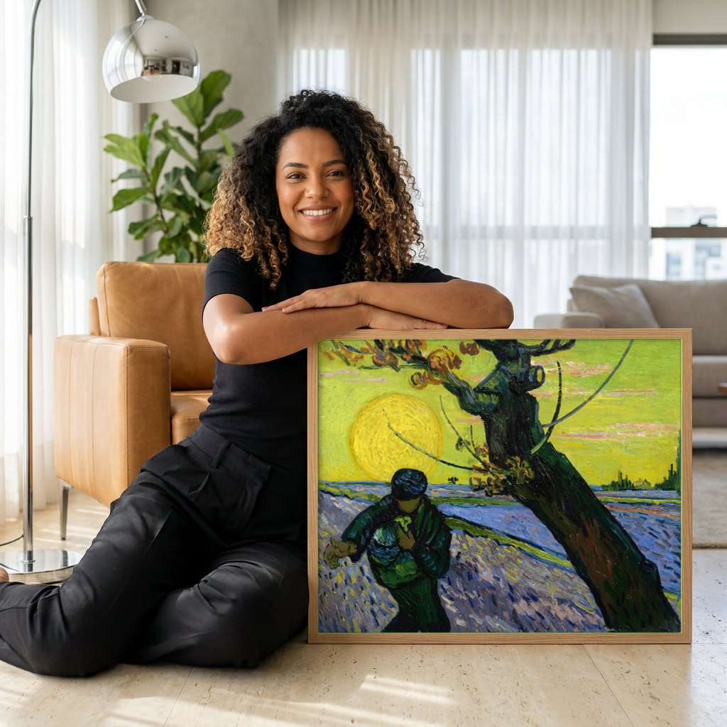 Quadro Decorativo O Semeador ao Pôr do Sol - Van Gogh | modelo apresentando o quadro emoldurado