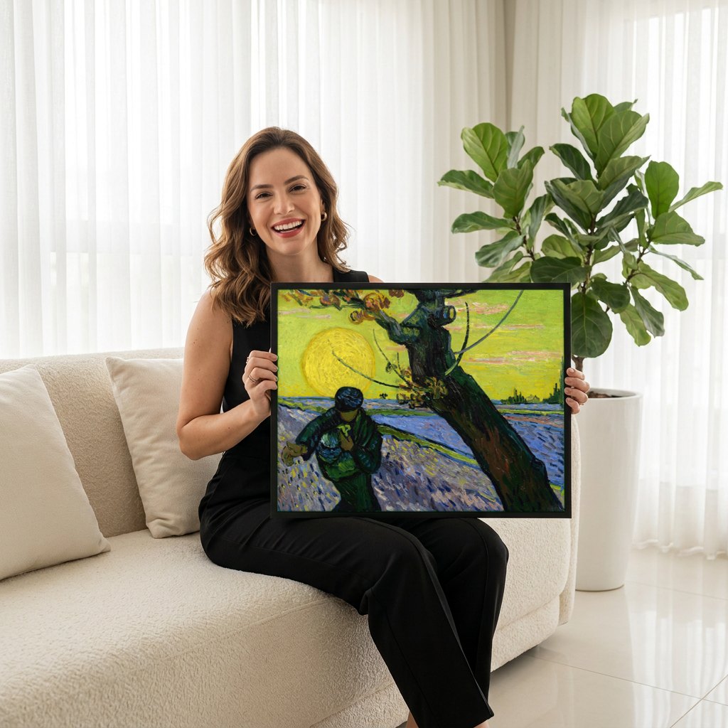 Quadro Decorativo O Semeador ao Pôr do Sol - Van Gogh | modelo apresentando o quadro emoldurado