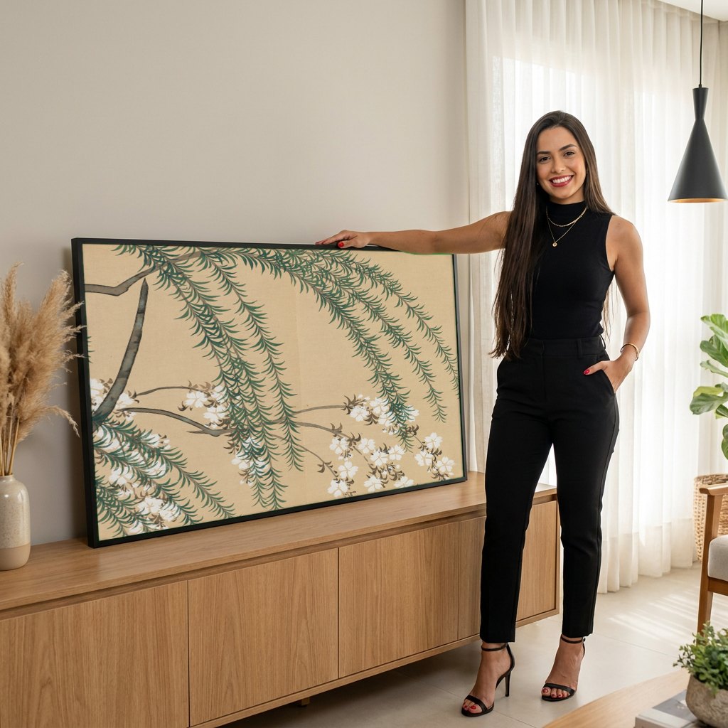 Quadro Decorativo Ramos de Cerejeira e Salgueiro - Sekka | modelo apresentando o quadro emoldurado
