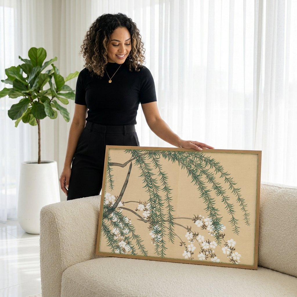 Quadro Decorativo Ramos de Cerejeira e Salgueiro - Sekka | modelo apresentando o quadro emoldurado