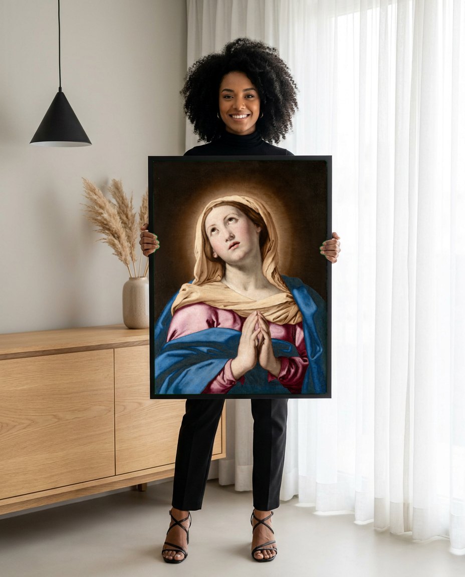 Quadro Decorativo A Virgem em Oração - Sassoferrato | modelo apresentando o quadro emoldurado