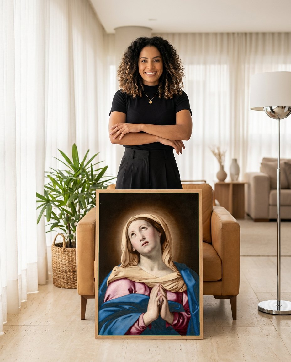 Quadro Decorativo A Virgem em Oração - Sassoferrato | modelo apresentando o quadro emoldurado
