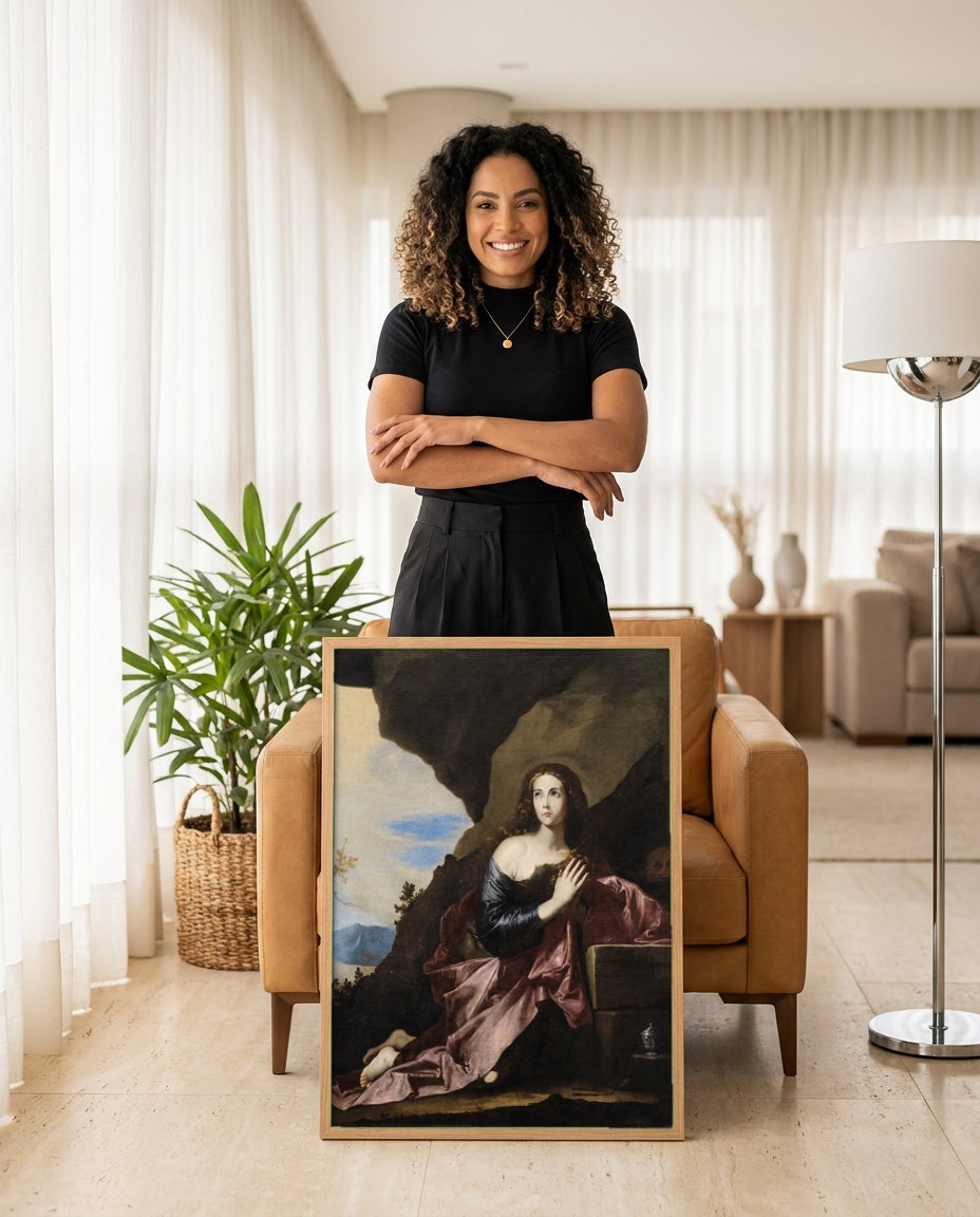 Quadro Decorativo Madalena Penitente - Jusepe de Ribera | modelo apresentando o quadro emoldurado