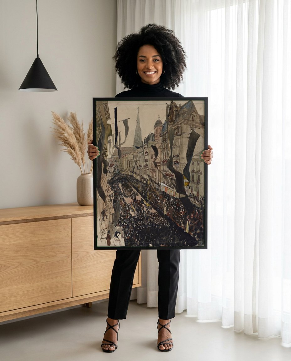 Quadro Decorativo 'Demonstração' - Oskar Laske | modelo apresentando o quadro emoldurado