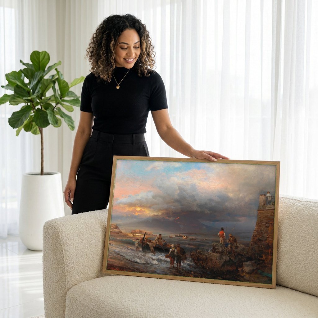 Quadro Decorativo Porto ao Entardecer - Oswald Achenbach | modelo apresentando o quadro emoldurado