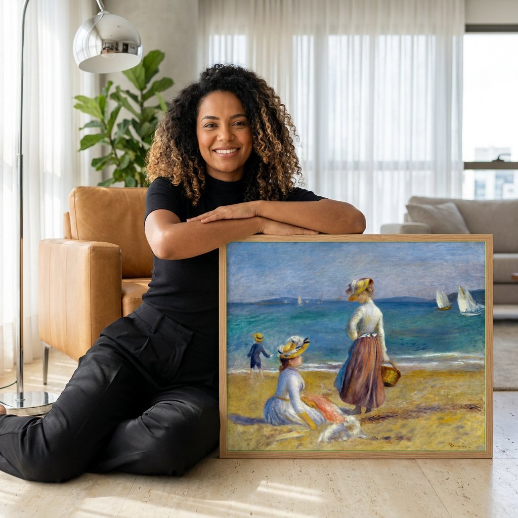 Quadro Decorativo Na Praia (Duas Mulheres com Criança) - Renoir | modelo apresentando o quadro emoldurado