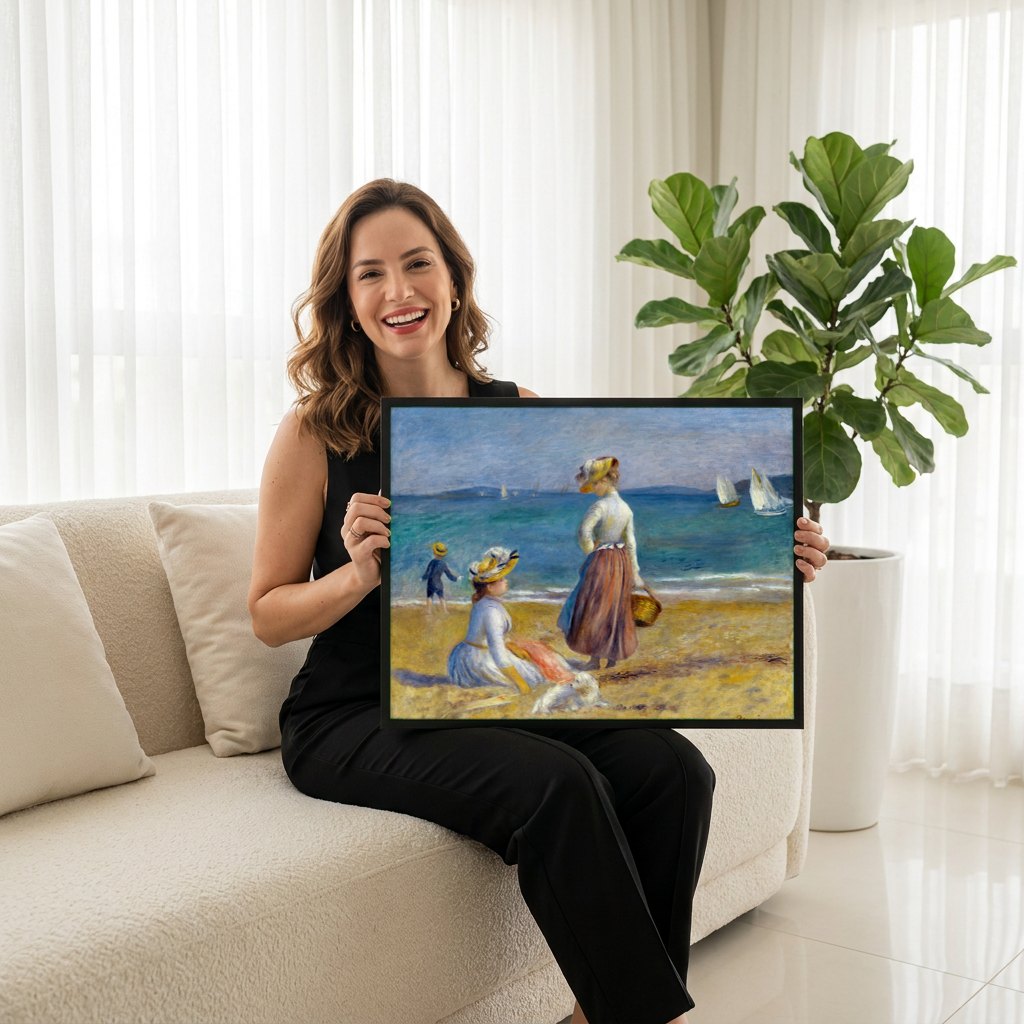 Quadro Decorativo Na Praia (Duas Mulheres com Criança) - Renoir | modelo apresentando o quadro emoldurado