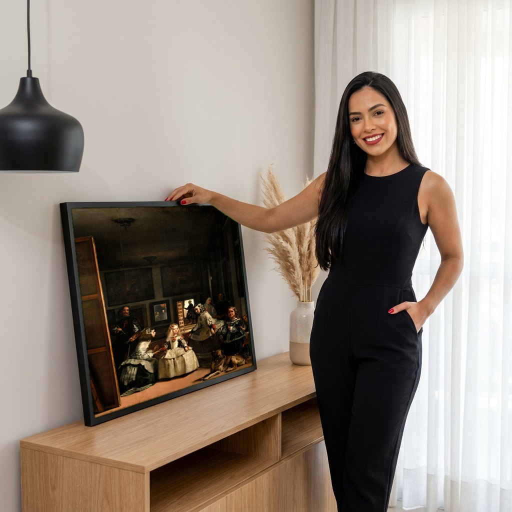 Quadro Decorativo As Meninas (Las Meninas) - Velázquez | modelo apresentando o quadro emoldurado