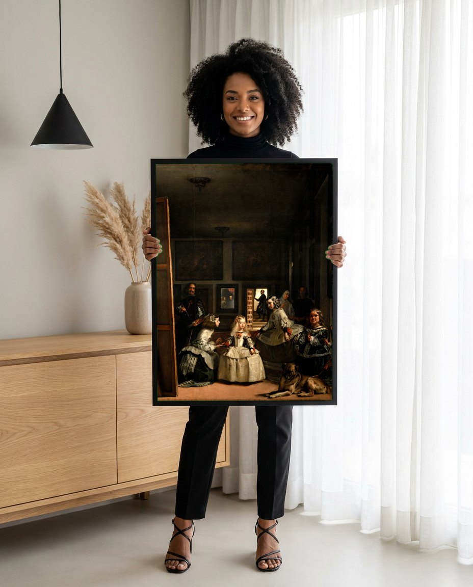 Quadro Decorativo As Meninas (Las Meninas) - Velázquez | modelo apresentando o quadro emoldurado