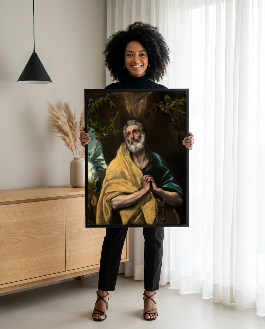 Quadro Decorativo São Pedro em Lágrimas - El Greco | modelo apresentando o quadro emoldurado