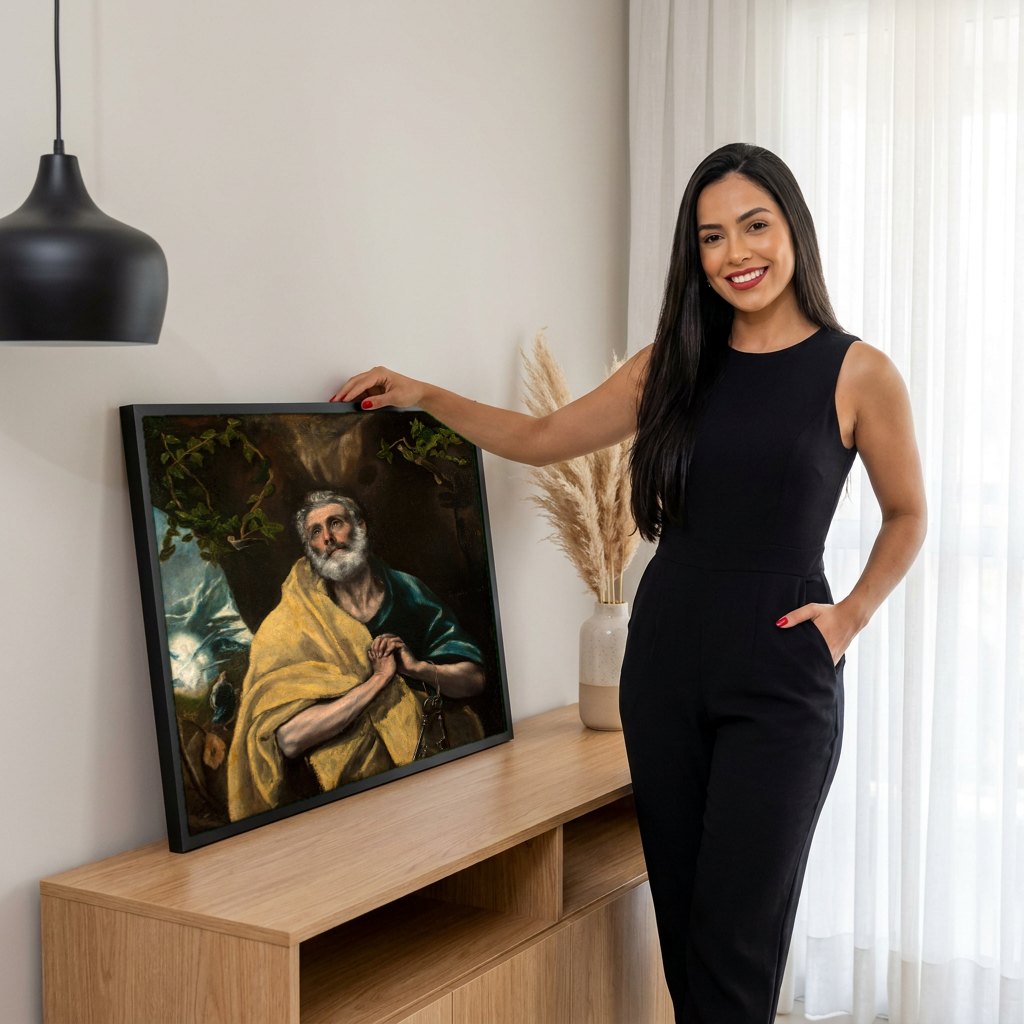 Quadro Decorativo São Pedro em Lágrimas - El Greco | modelo apresentando o quadro emoldurado