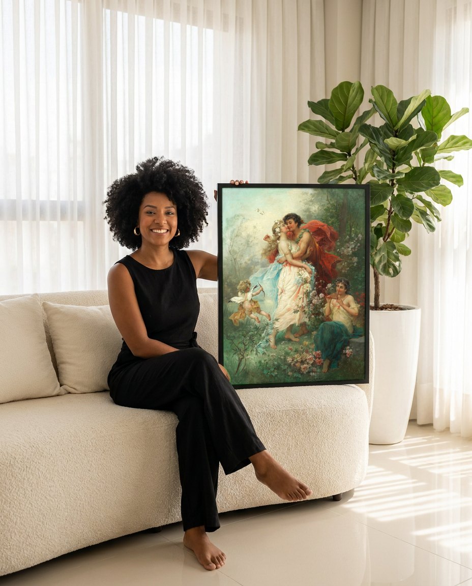 Quadro Decorativo O Beijo de Cupido - Hans Zatzka | modelo apresentando o quadro emoldurado