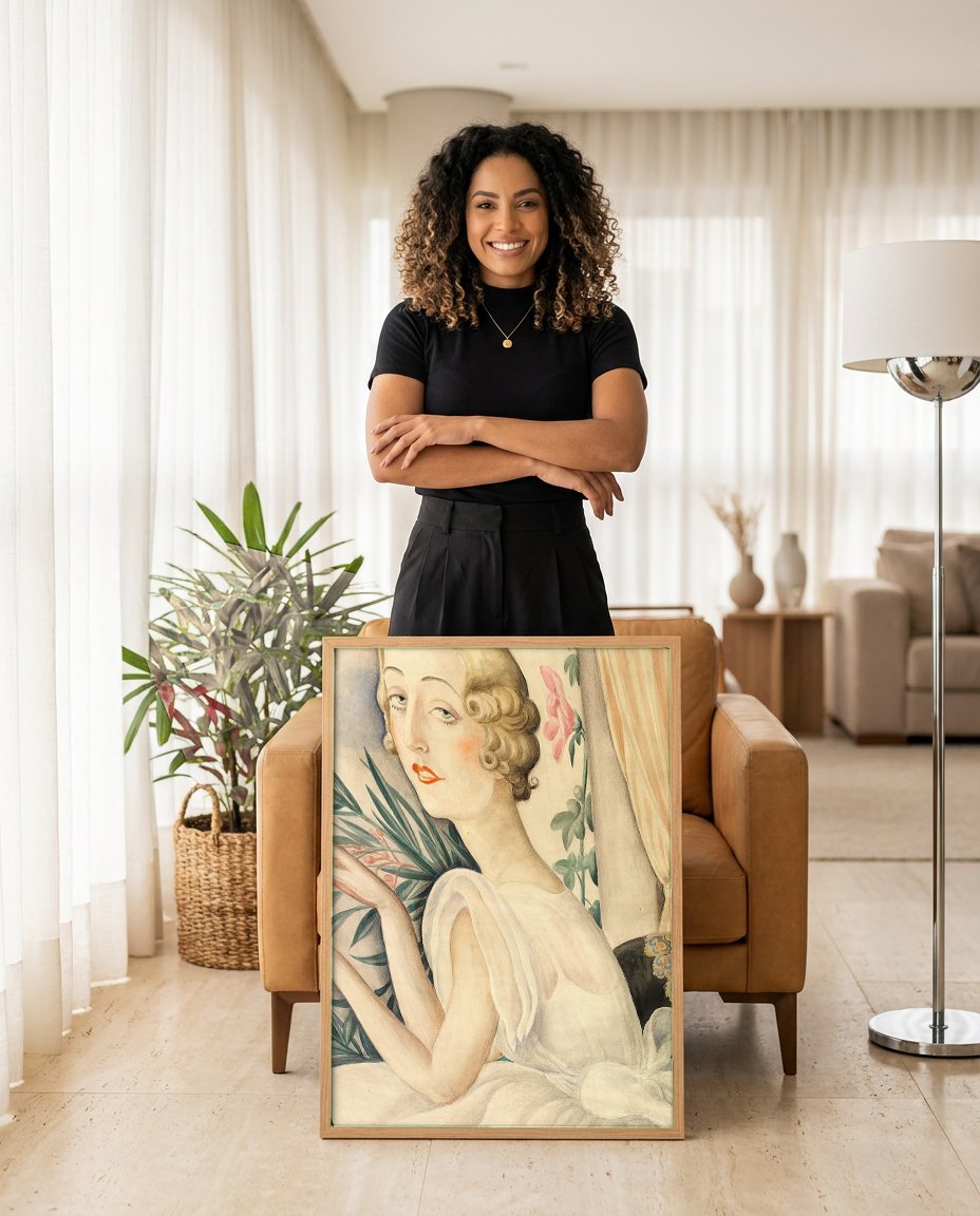 Quadro Decorativo A Mulher e as Flores - Gerda Wegener com modelo em ambiente