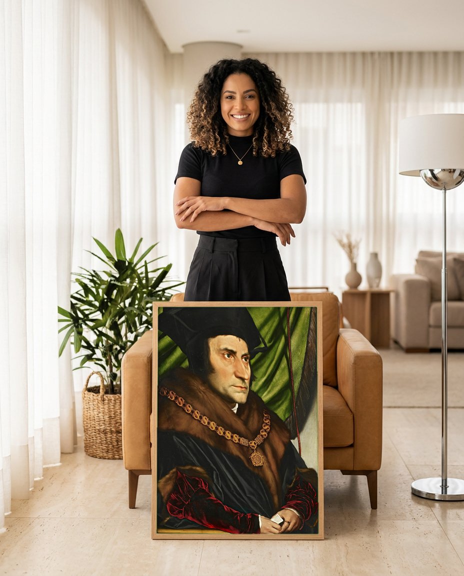 Quadro Decorativo Sir Thomas More - Hans Holbein com modelo em ambiente
