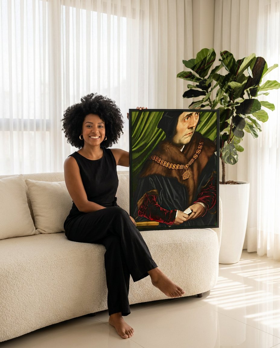 Quadro Decorativo Sir Thomas More - Hans Holbein com modelo em ambiente