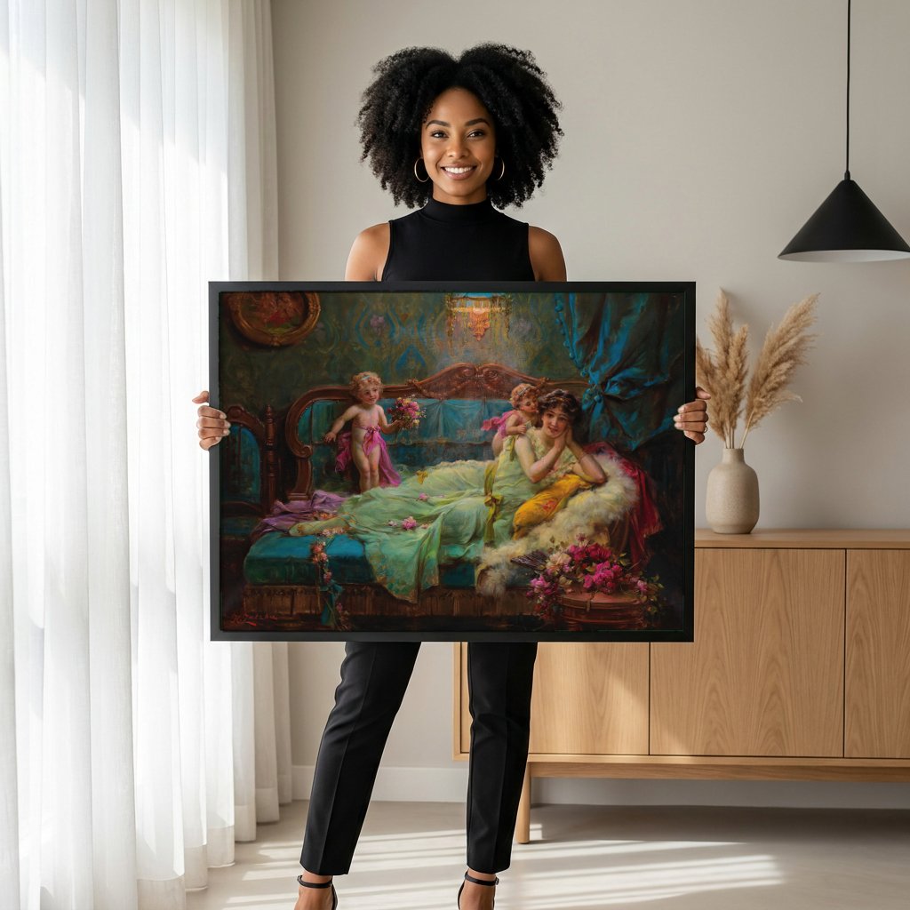Quadro Decorativo A Oferenda de Flores - Hans Zatzka com modelo em ambiente