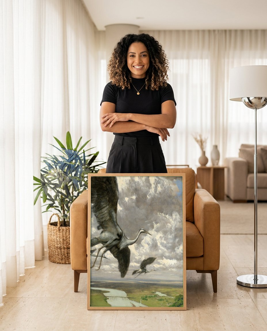 Quadro Decorativo A Revoada das Garças - Hans Thoma com modelo em ambiente