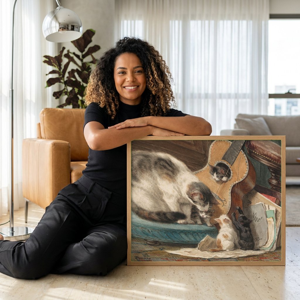 Quadro Decorativo Gatinhos Brincalhões - Henriëtte Ronner-Knip com modelo em ambiente