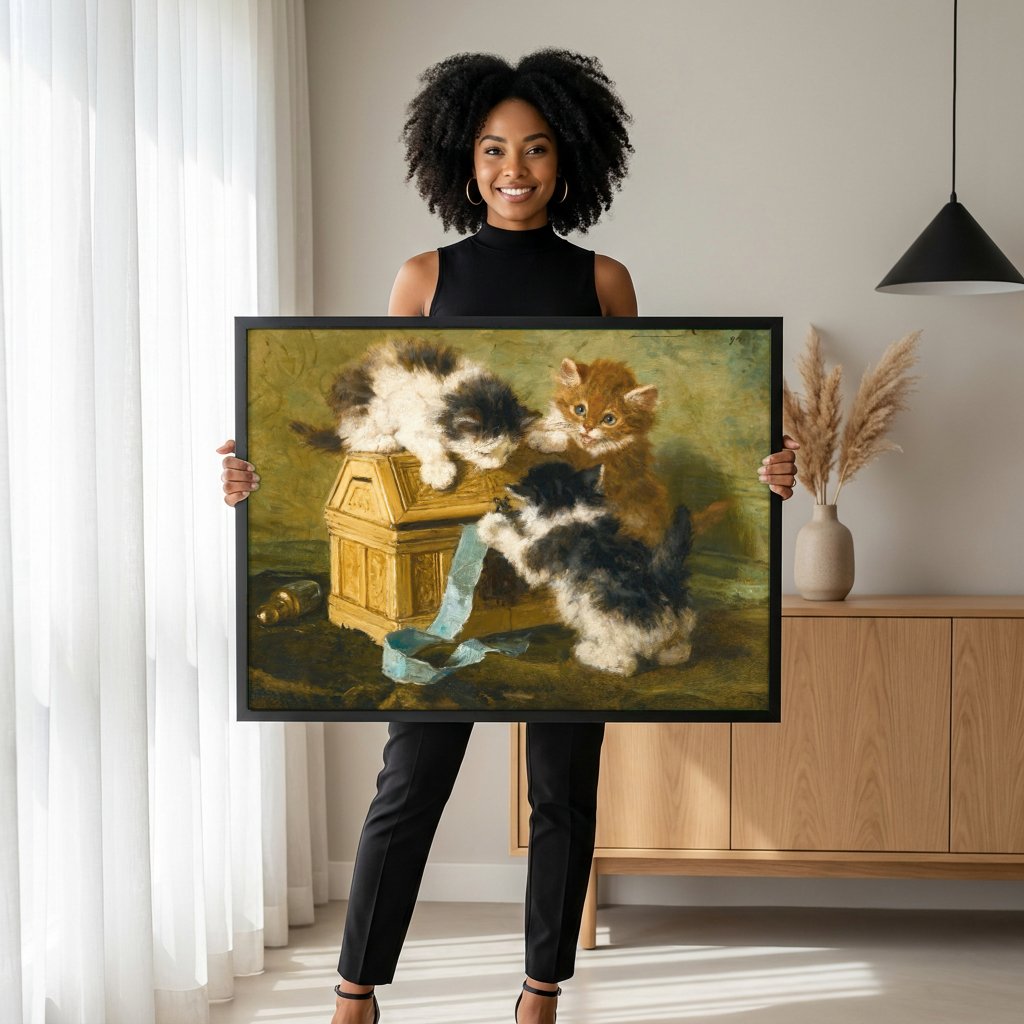 Quadro Decorativo Gatinhos Brincalhões - Henriëtte Ronner-Knip com modelo em ambiente