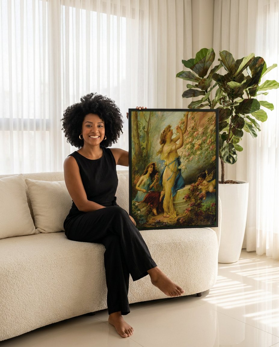 Quadro Decorativo A Oferenda das Rosas - Hans Zatzka com modelo em ambiente