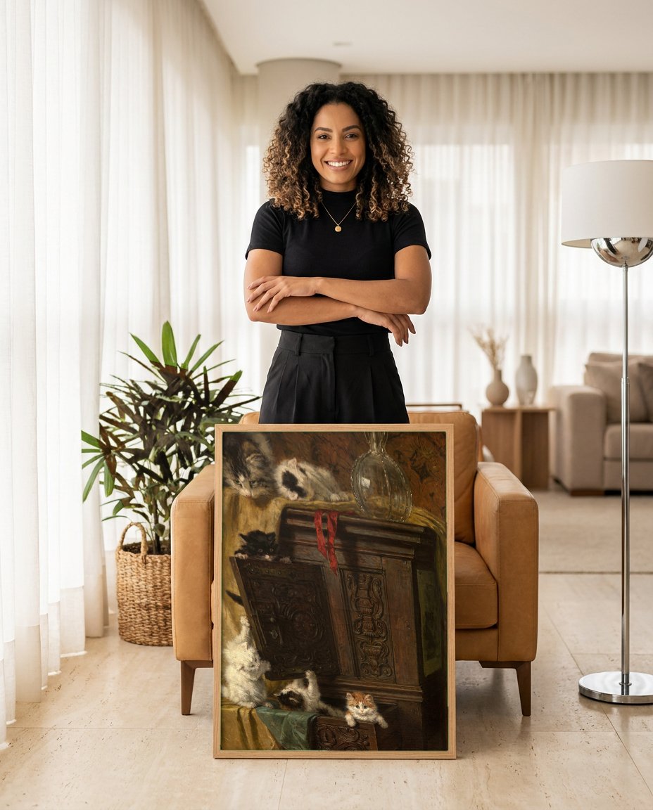 Quadro Decorativo Gatinhos Brincalhões - Henriëtte Ronner-Knip com modelo em ambiente
