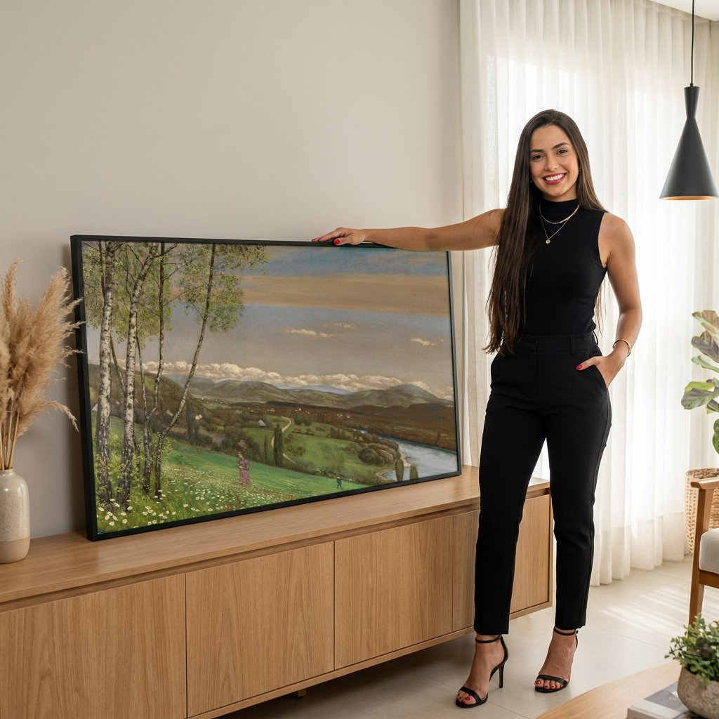 Quadro Decorativo Paisagem com Bétulas - Hans Thoma com modelo em ambiente