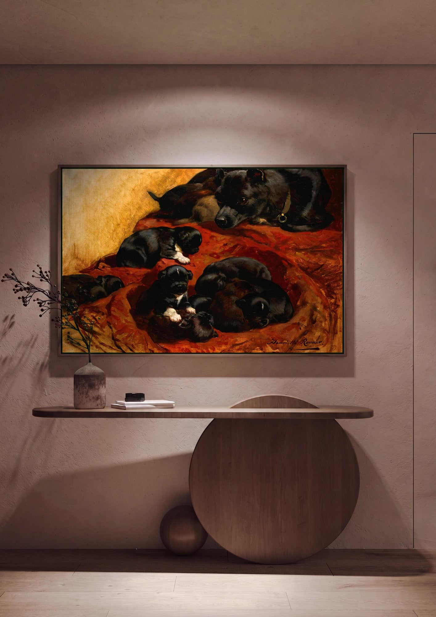 Quadro Decorativo Cadelinha e Filhotes - Henriëtte Ronner-Knip em ambiente decorado