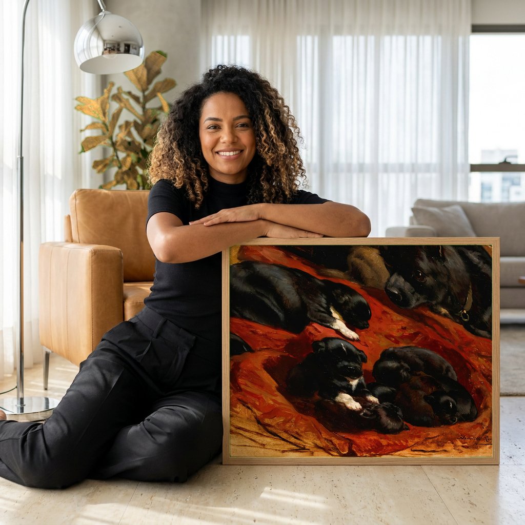 Quadro Decorativo Cadelinha e Filhotes - Henriëtte Ronner-Knip com modelo em ambiente
