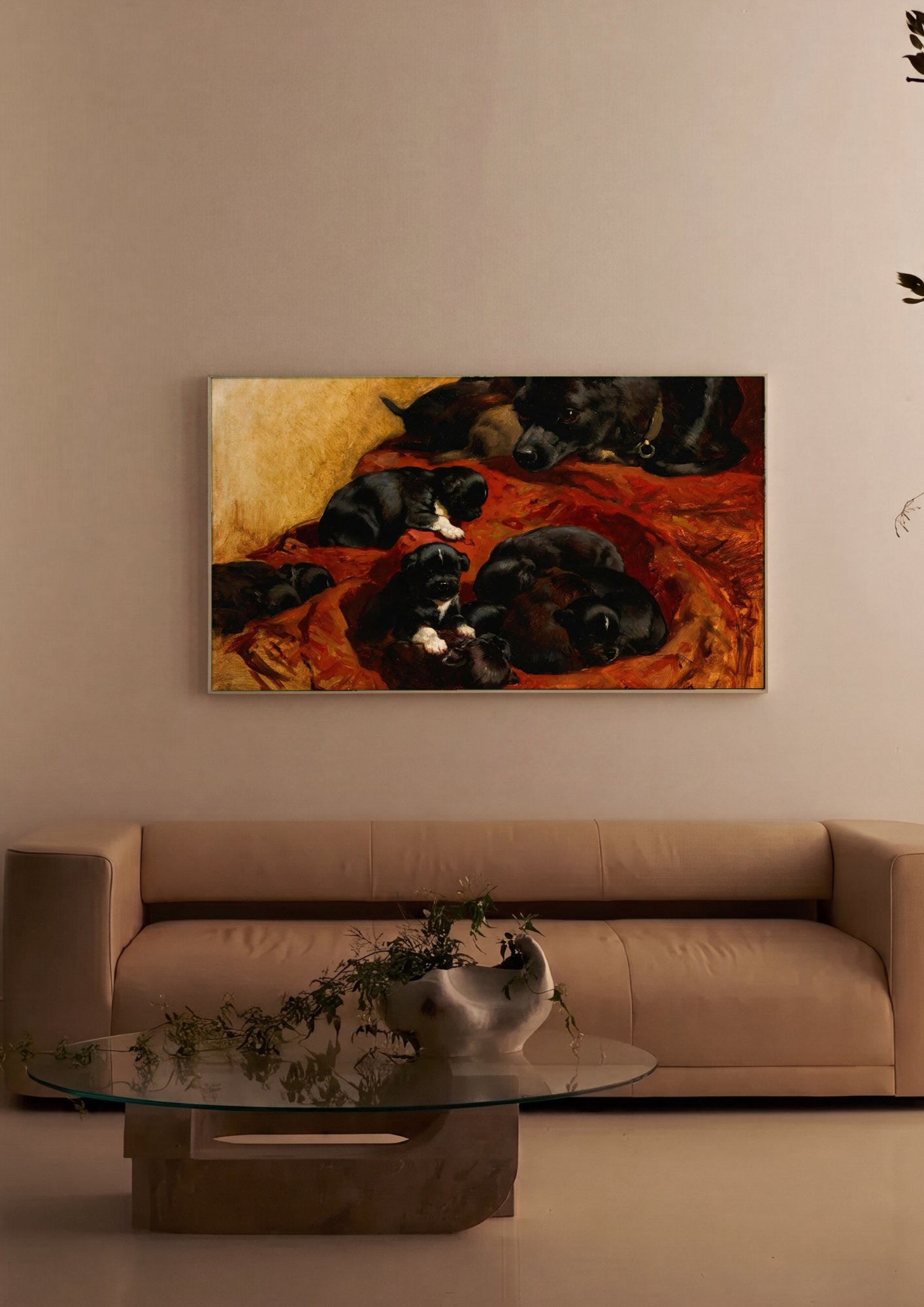 Quadro Decorativo Cadelinha e Filhotes - Henriëtte Ronner-Knip em ambiente decorado