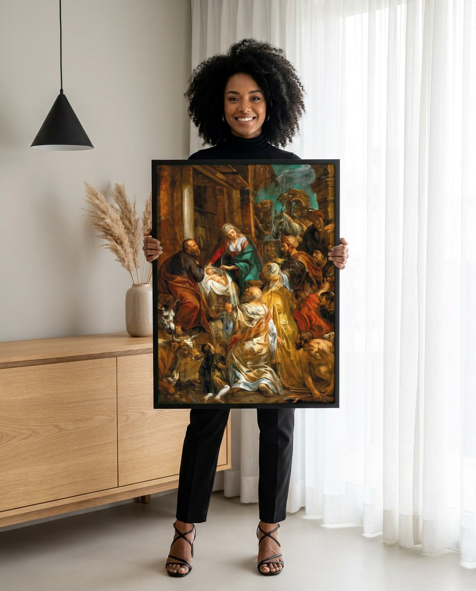 Quadro Decorativo A Adoração dos Magos - Jacob Jordaens com modelo em ambiente