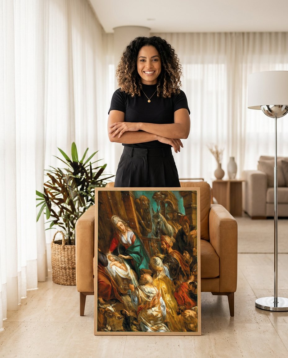 Quadro Decorativo A Adoração dos Magos - Jacob Jordaens com modelo em ambiente