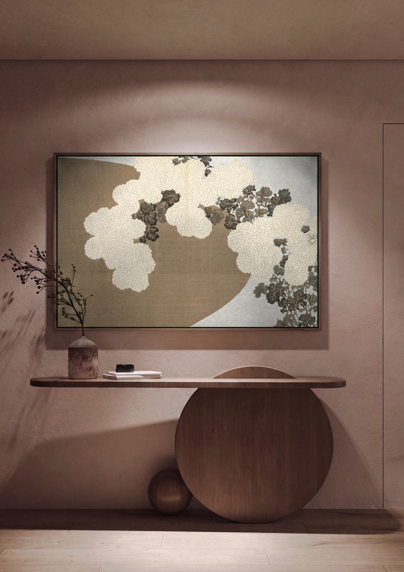 Quadro Decorativo Crisântemos em Ondas - Kamisaka Sekka em ambiente decorado