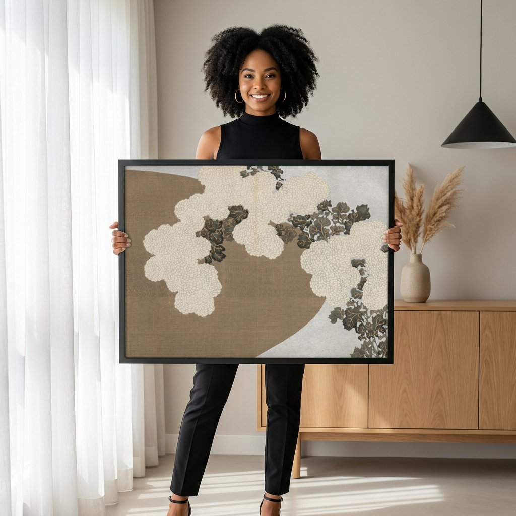 Quadro Decorativo Crisântemos em Ondas - Kamisaka Sekka com modelo em ambiente
