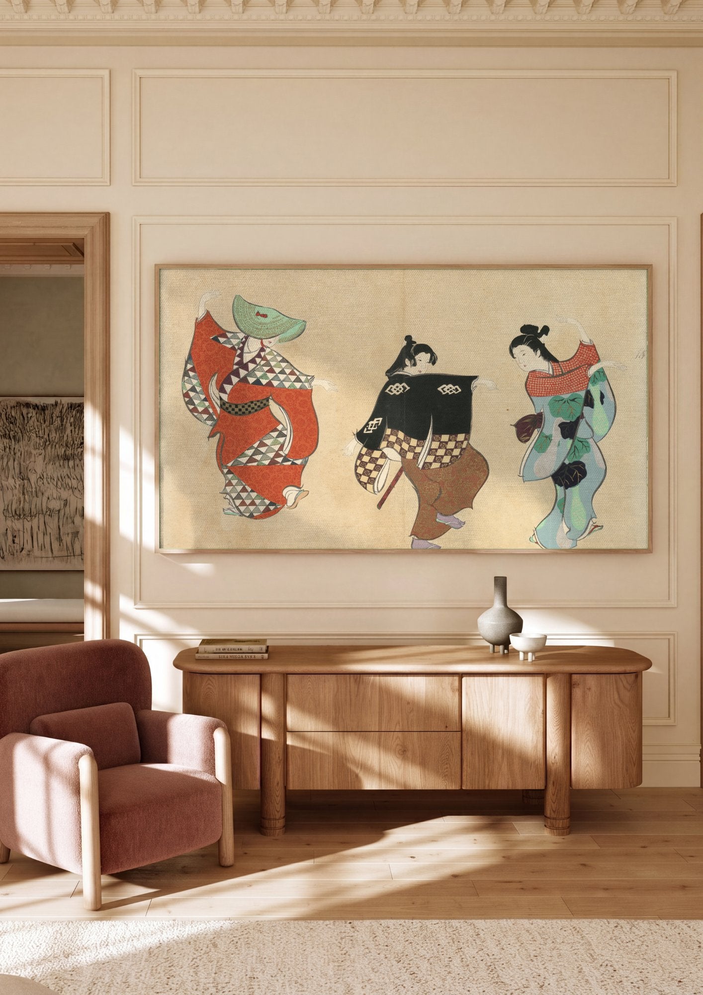Quadro Decorativo 'Dançarinos Japoneses' - Kamisaka Sekka em ambiente decorado