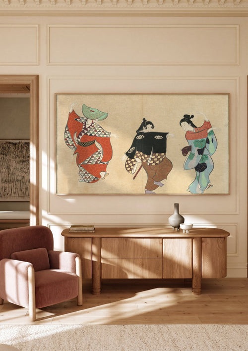 Quadro Decorativo 'Dançarinos Japoneses' - Kamisaka Sekka em ambiente decorado