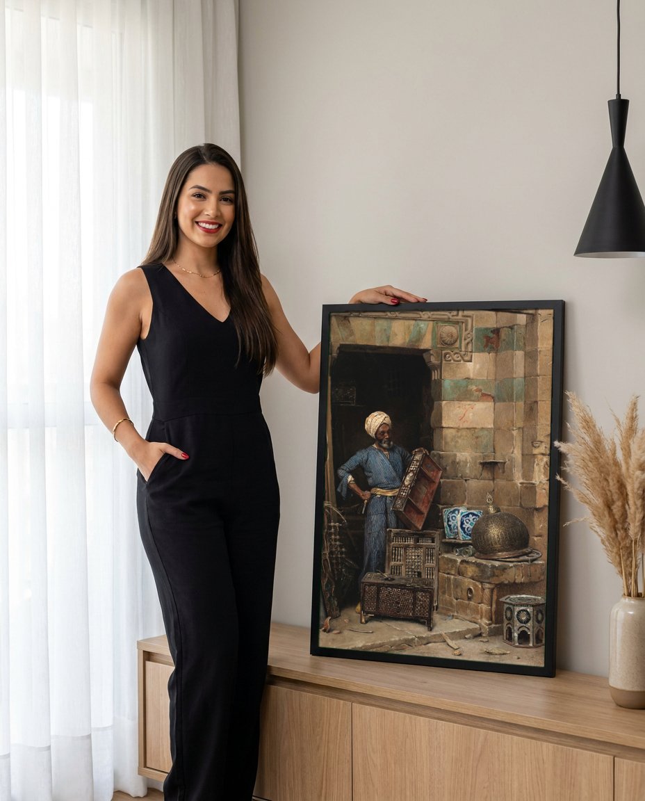 Quadro Decorativo O Vendedor de Caixas - Ludwig Deutsch com modelo em ambiente