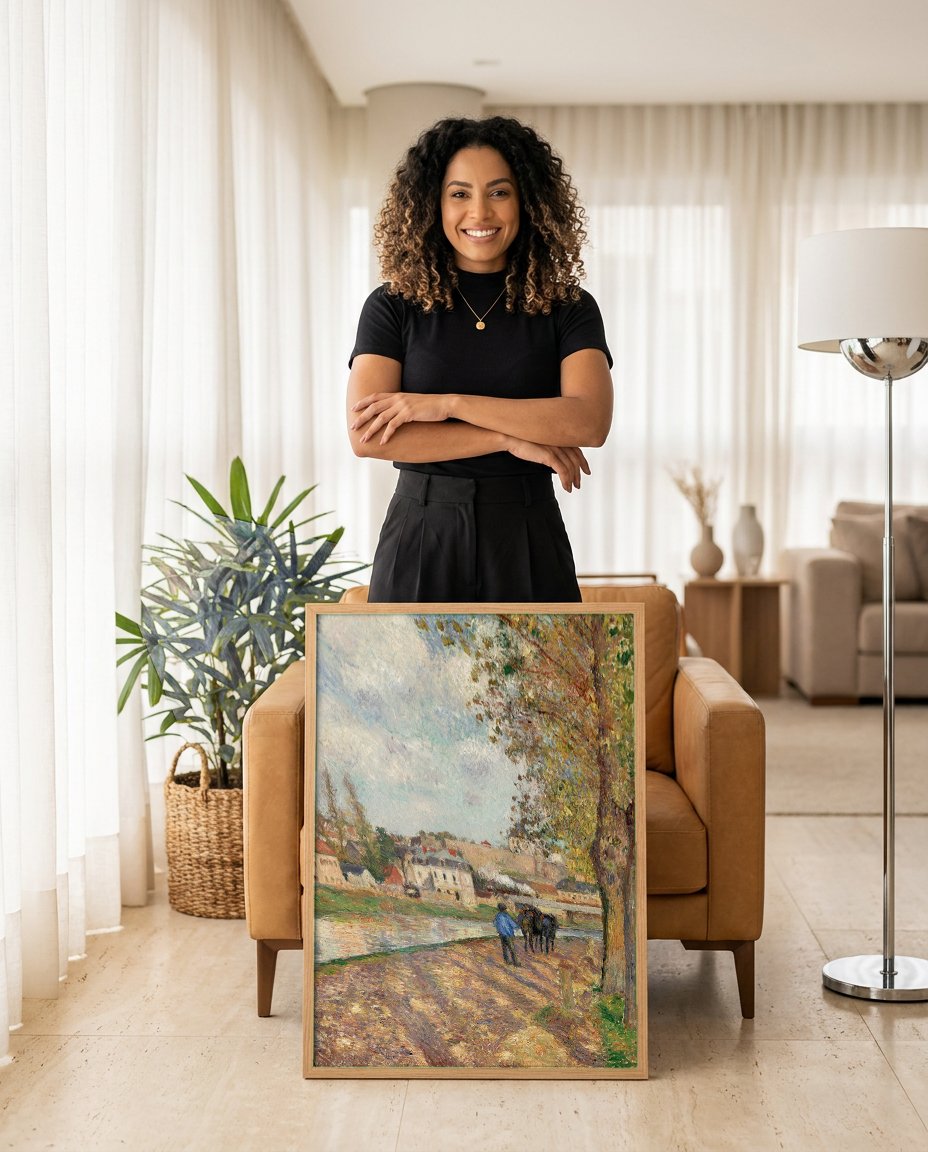 Quadro Decorativo A Chegada das Barcas-Lavadeiras - Camille Pissarro com modelo em ambiente