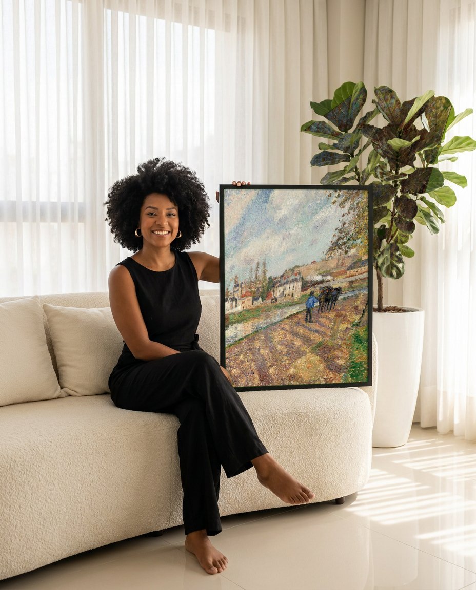 Quadro Decorativo A Chegada das Barcas-Lavadeiras - Camille Pissarro com modelo em ambiente