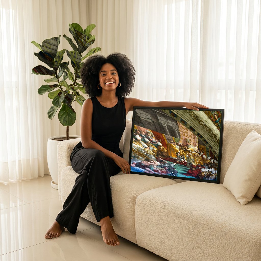 Quadro Decorativo A Coroacao de Carlos Magno - Rafael com modelo em ambiente