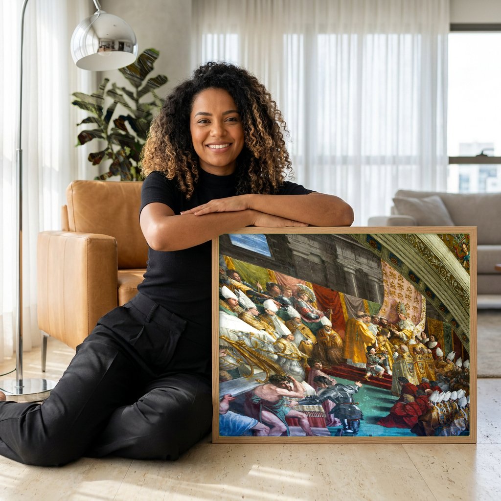 Quadro Decorativo A Coroacao de Carlos Magno - Rafael com modelo em ambiente