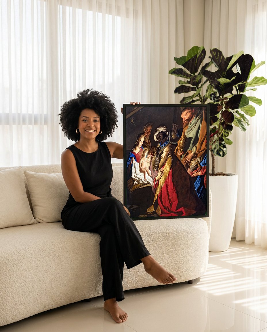Quadro Decorativo A Adoração dos Magos - Matthias Stomer com modelo em ambiente