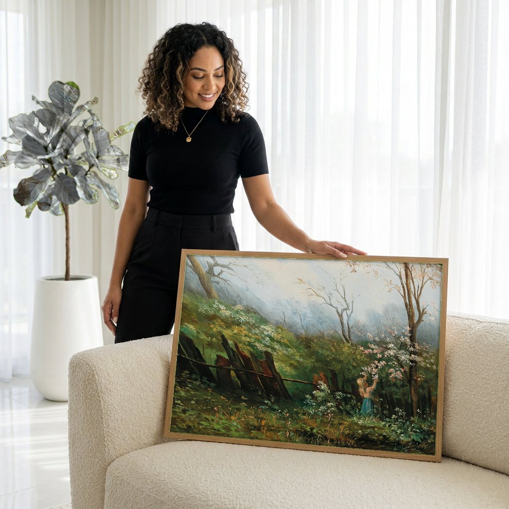 Quadro Decorativo A Coletora de Flores - Olga Wisinger-Florian com modelo em ambiente