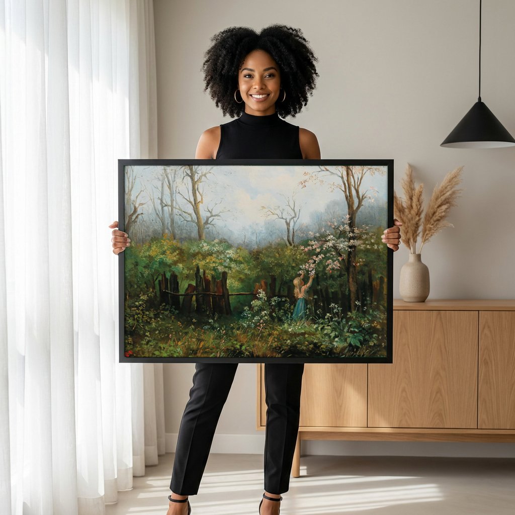 Quadro Decorativo A Coletora de Flores - Olga Wisinger-Florian com modelo em ambiente