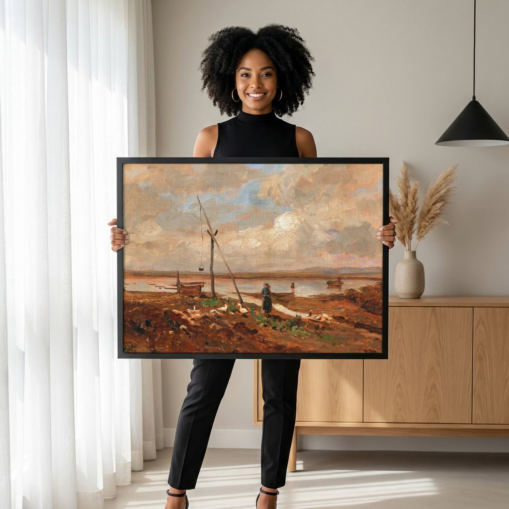 Quadro Decorativo Cena Rural com Patos - Olga Wisinger-Florian com modelo em ambiente