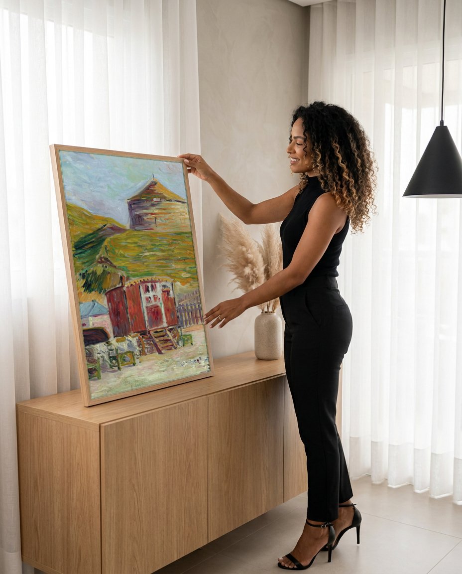 Quadro Decorativo Carroções de Ciganos - Paul Signac com modelo em ambiente